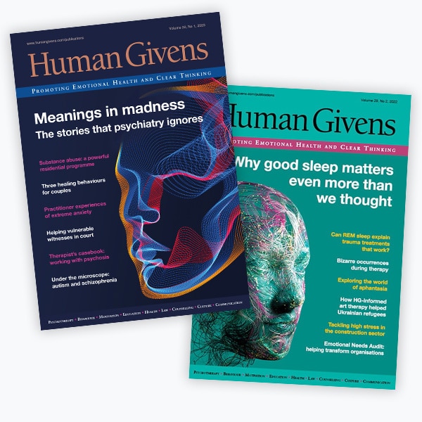 Image of the Human Givens Journal Volume 30 no1and volume 29 no2 on a white background